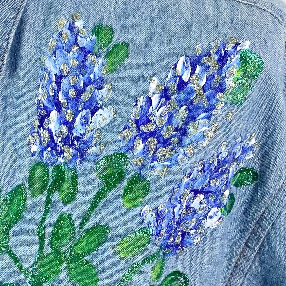 Vintage Bluebonnet Handpainted Denim Long Sleeve Button Up Shirt Med - Picture 3 of 7